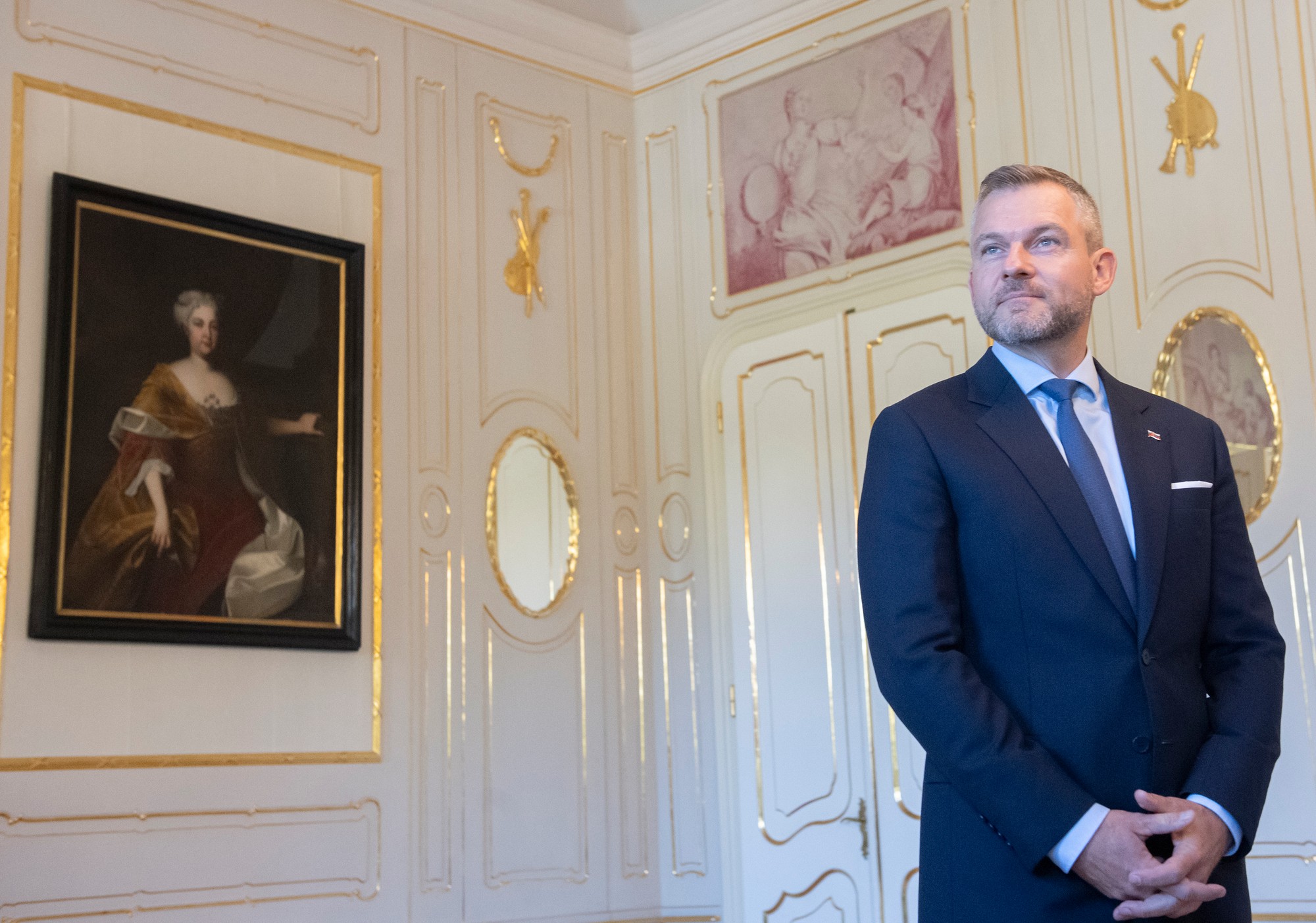 Prezidentka Zuzana Čaputová a predseda strany Hlas - SD Peter Pellegrini počas prijatia 3. októbra 2023 v Prezidentskom paláci.