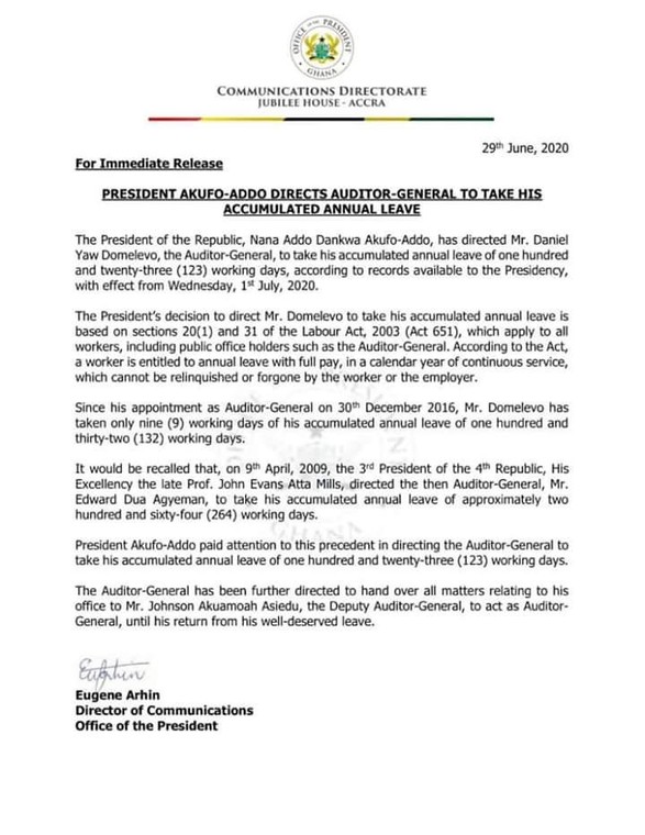 Statement on Auditor General’s leave