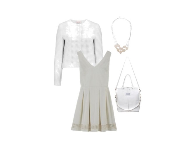 BIAŁY TOTAL LOOK: Marynarka CAMAIEU 179,99ZŁ; Sukienka CAMAIEU 119,99ZŁ; Torebka SABRINA PILEWICZ 1300ZŁ; Naszyjnik CAMAIEU 39,99ZŁ