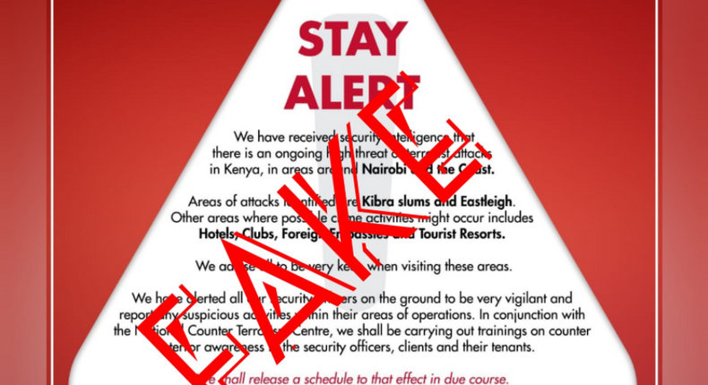 National Police Service advises Kenyans to ignore 'Stay Alert' poster on alleged terror attacks 