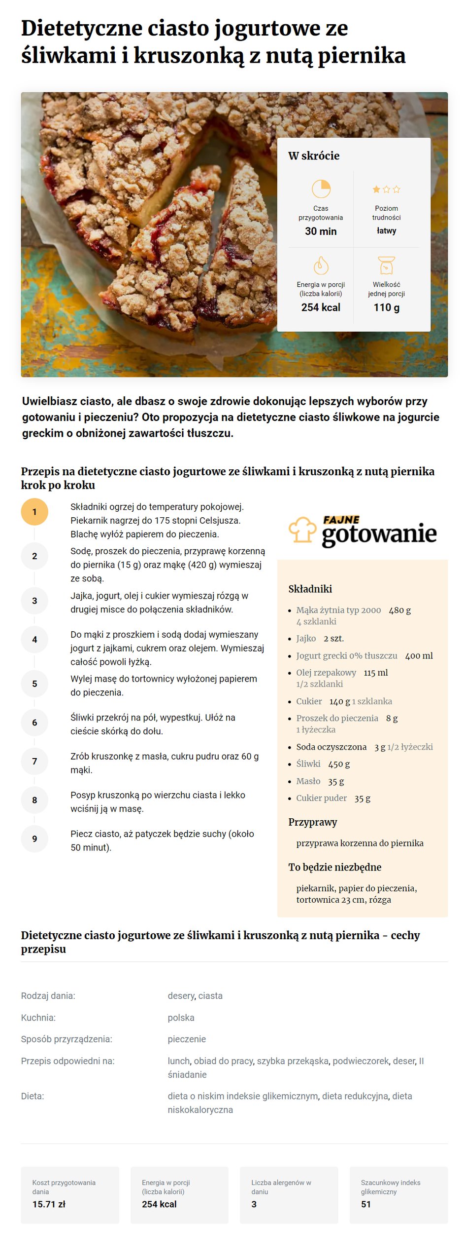 Dietetyczne ciasto jogurtowe ze śliwkami i kruszonką z nutą piernika