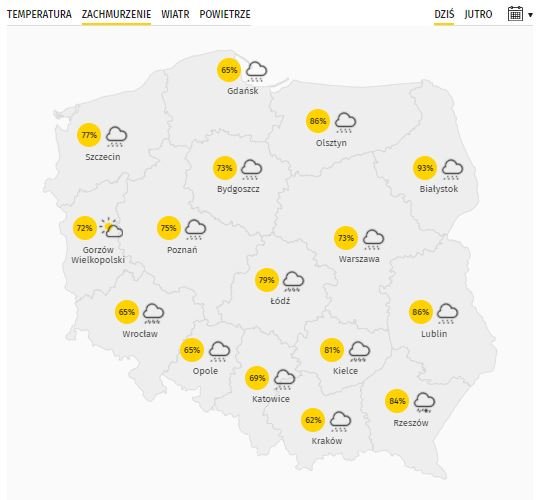 Prognozowany stopień zachmurzenia w piątek, 12 marca 2021 r.