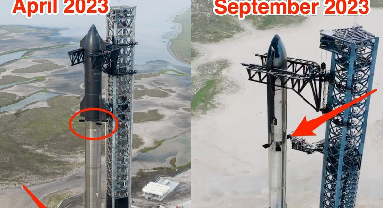 Annotated images shows two of SpaceX biggest changes to its Starship mega-rocket, adding a vent between the stages and a flooding system to the launch pad.SpaceX/Insider