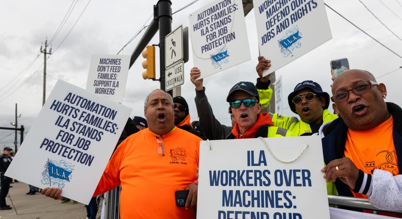 Around 45,000 dockworkers are on strike at East and Gulf Coast ports. The strike is expected to put a $5 billion dent in the economy per day, according to analysts from JPMorgan.Spencer Platt/Getty Images