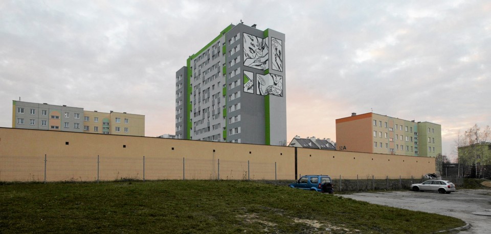 Kielce , Os. Na Stoku 52 . Mural - komiks na bloku