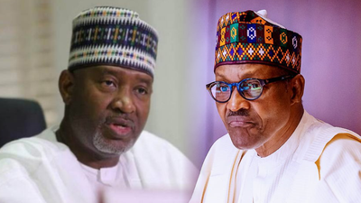 Former Aviation Minister, Hadi Sirika and former President, Muhammadu Buhari. [PG]