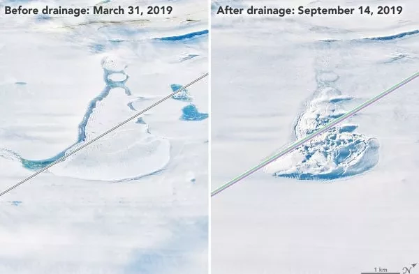 Zmiany powierzchni lodu na Antarktydzie ujawniają ukryte jezioro.