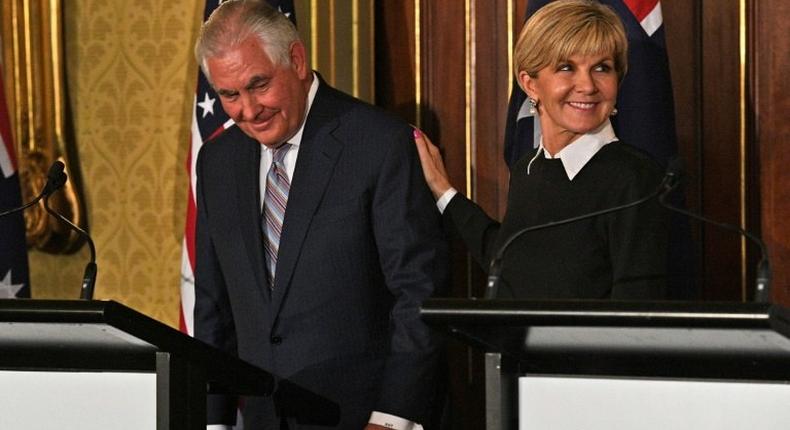 US Secretary of State Rex Tillerson and Australian Foreign Minister Julie Bishop leave at the end of a press conference in Sydney on June 5, 2017