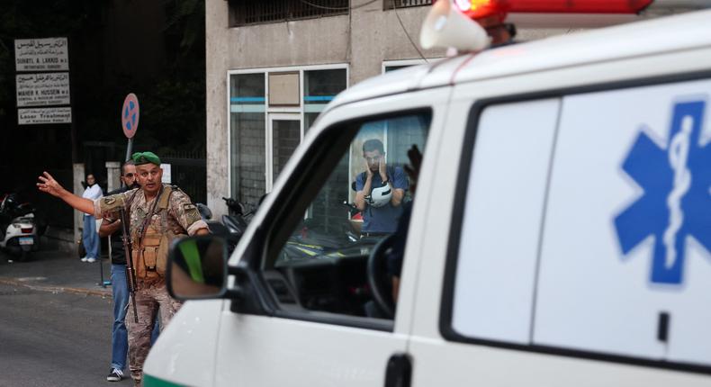 An ambulance rushing wounded to a hospital in Beirut, September 17, 2024, after explosions hit locations in several Hezbollah strongholds.ANWAR AMRO/AFP via Getty Images