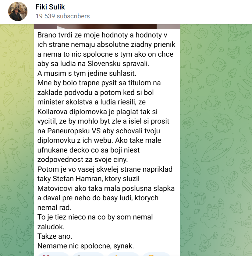 Filip Sulík poslal odkaz Branislavovi Gröhlingovi. 
