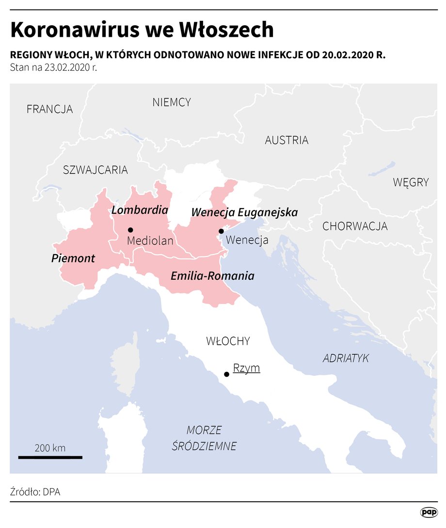 W tych włoskich regionach odnotowano najwięcej przypadków zarażeń. Od wczoraj koronawirusa wykryto też u osób przebywających w Palermo na Sycylii i we Florencji w Toskanii. 