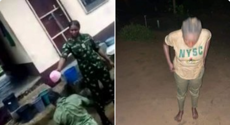 Nigerian soldier caught on camera bathing a corps member with dirty water in Calabar (Agba Jalingo/Twitter)