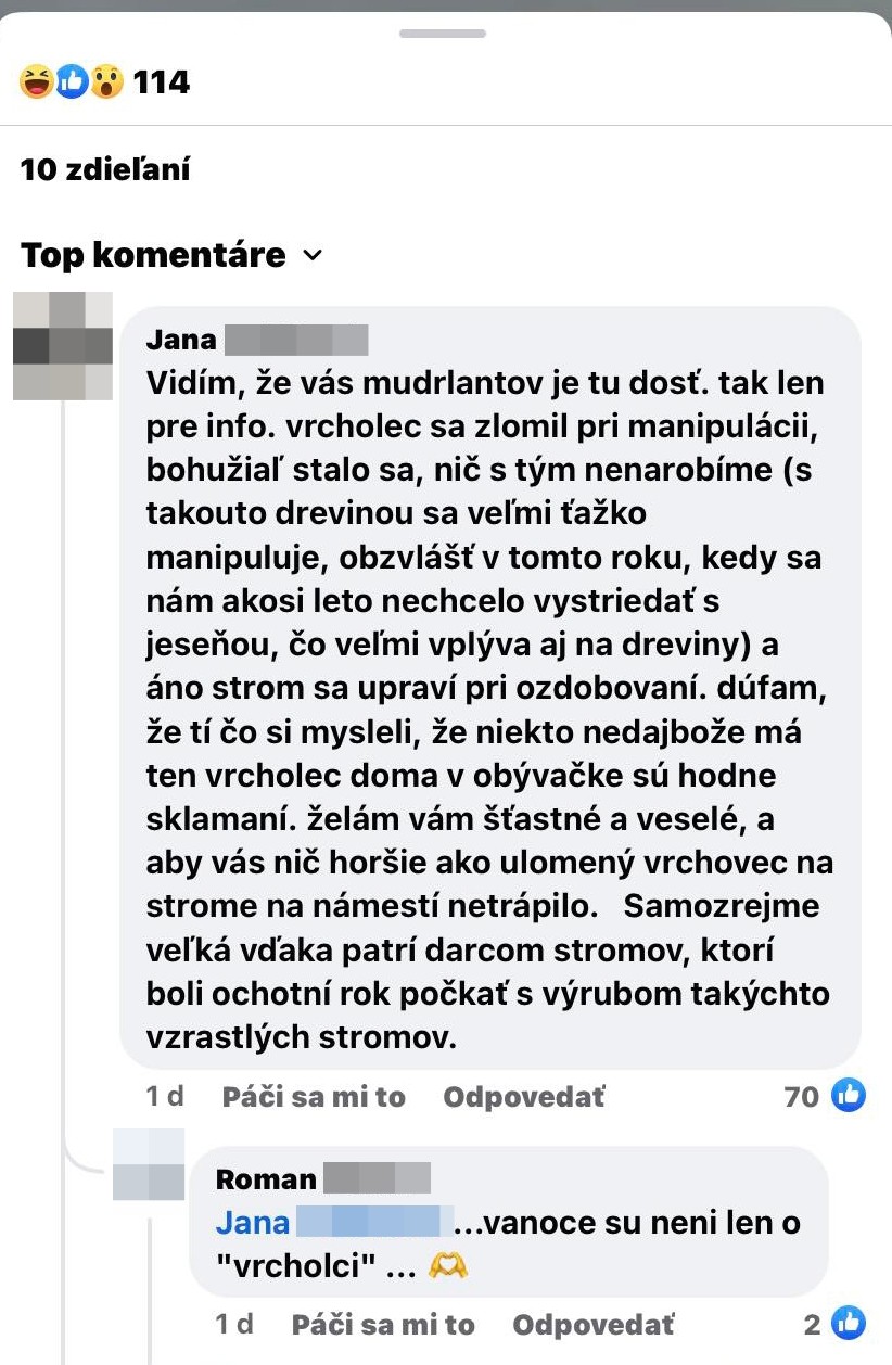 Vianočný stromček v Myjave rozdelil ľudí na dva tábory.