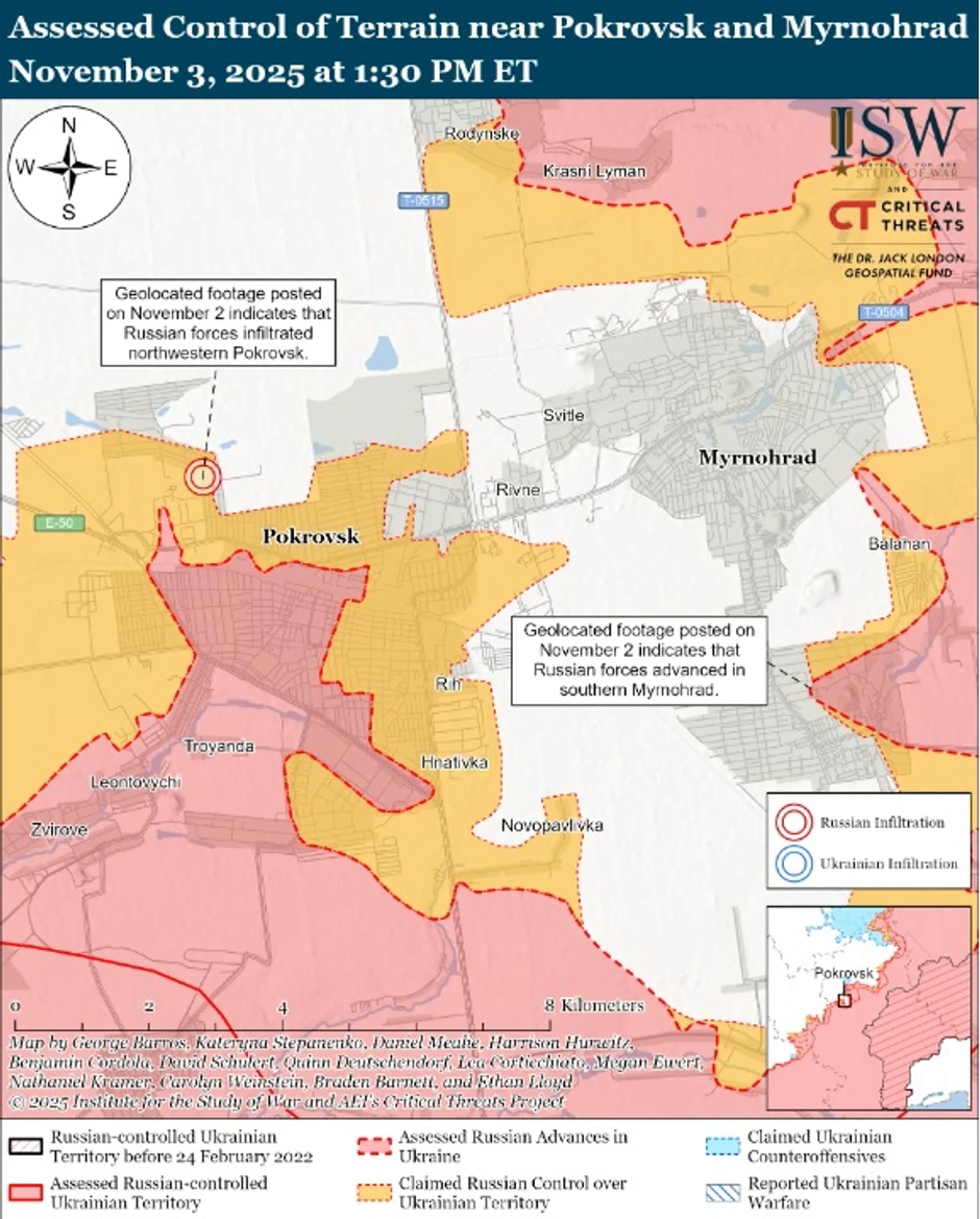 Pokrovsk i Mirnograd na mapi ISW
