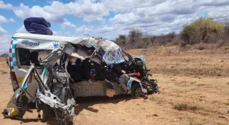 The mangled wreck of 14-seater matatu that was involved in an accident along the Nairobi-Mombasa highway on September 25, 2022