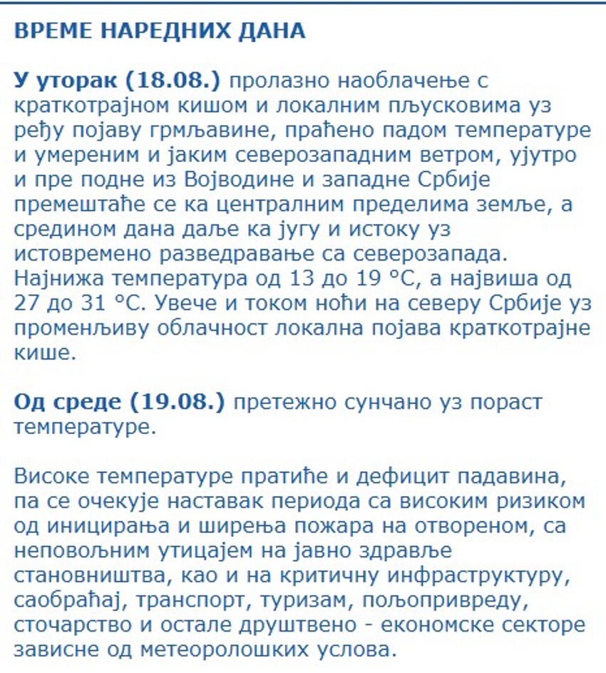 RHMZ, prognoza za 18. i 19. avgust
