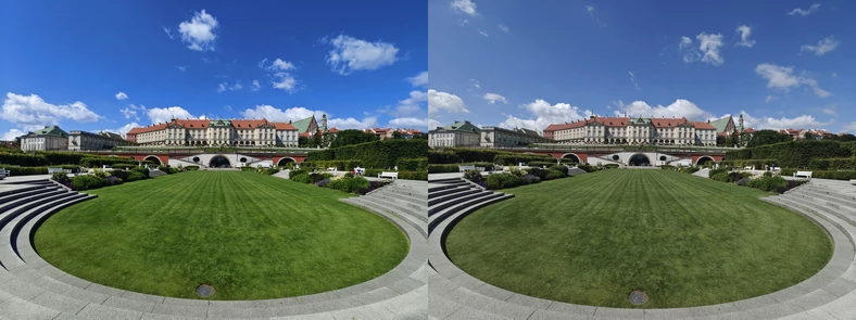 Porównanie zdjęć z modułu szerokokątnego wykonanych w trybie domyślnym (po lewej) oraz z wykorzystaniem trybu kolorów Zeiss (kliknij, aby powiększyć)