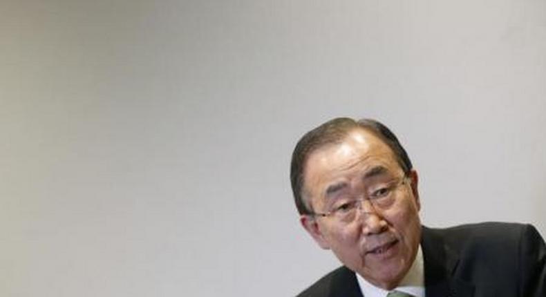 United Nations Secretary-General Ban Ki-moon reacts is pictured during an interview with Reuters during the World Climate Change Conference 2015 (COP21) in Le Bourget, near Paris, France, December 12, 2015.