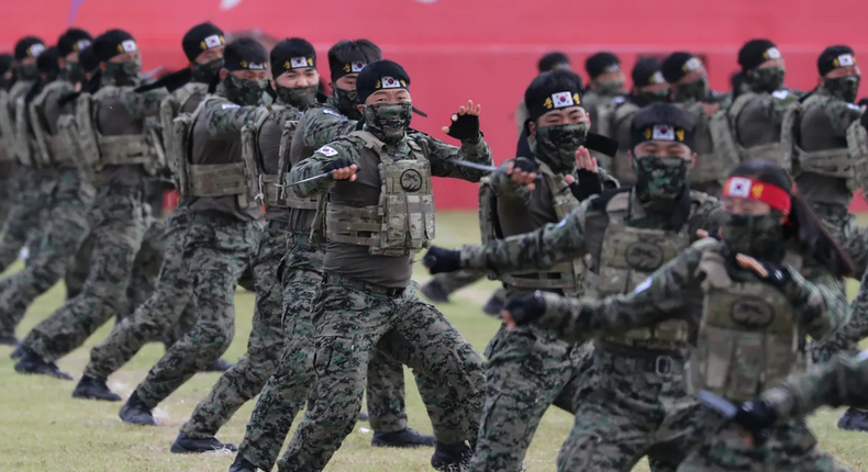 Des soldats des forces spéciales sud-coréennes pratiquent des arts martiaux lors d'une répétition [AFP/Ministère de la Défense sud-coréen].
