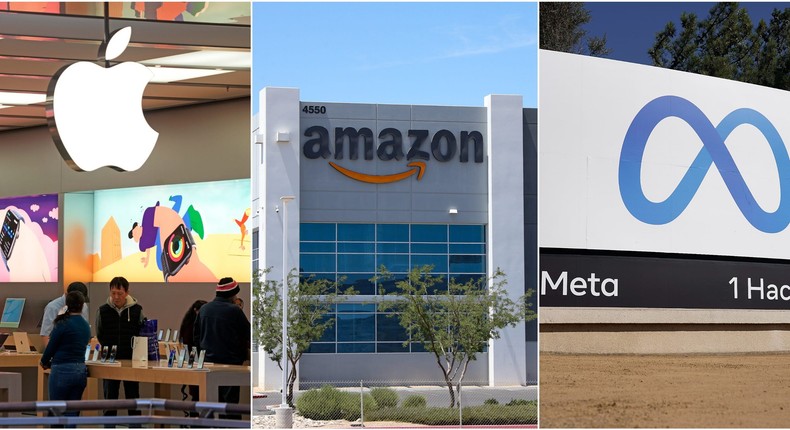 Workers at big tech companies like Apple (left), Amazon, and Meta may be leaving after two years because of workplace dissatisfaction. Gabe Ginsberg/SOPA Images/LightRocket via Getty Images; Tony Avelar/AP