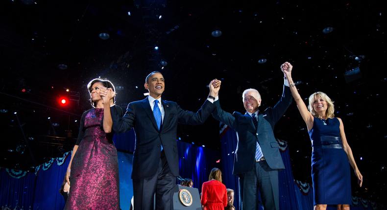 Former President Barack Obama, first lady Michelle Obama, Current President Joe Biden and first lady Jill Biden at the Obama's 2012 election night victory party in Chicago.