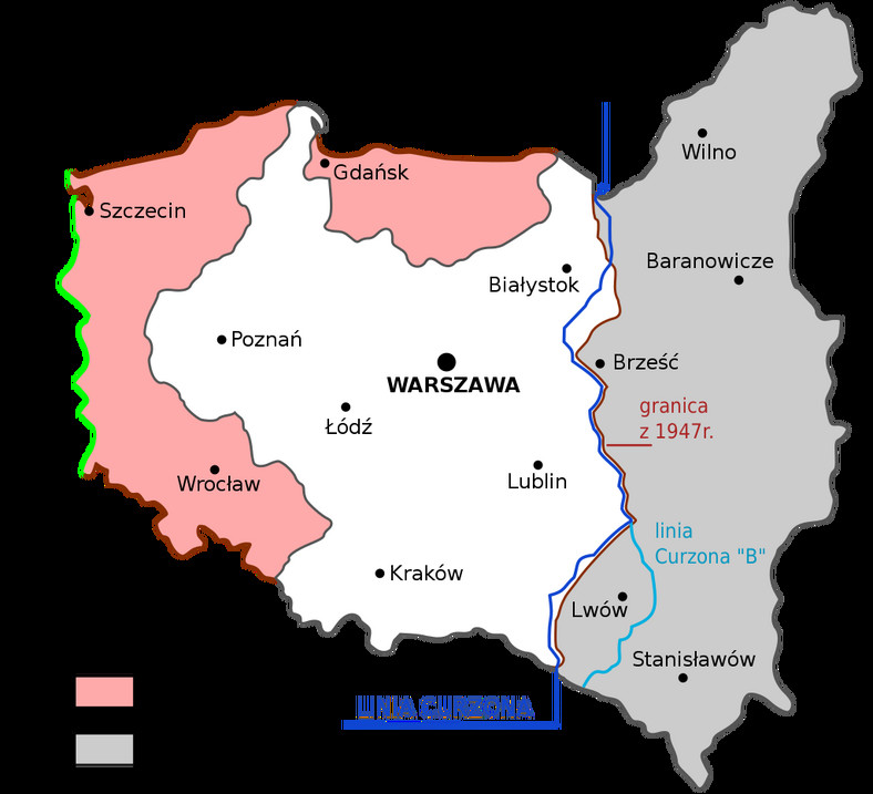 Porównanie granic II Rzeczypospolitej i Polski powojennej; ziemie przyłączone do Polski w 1945 r. zaznaczone na różowo, ziemie odłączone –  na szaro