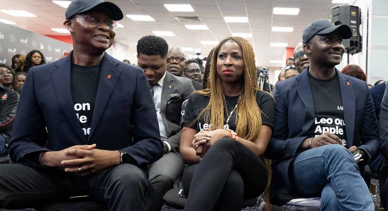 L-R: Group Managing Director/CEO, United Bank for Africa(UBA) Plc, Mr. Kennedy Uzoka; Group Head, Marketing, UBA Plc, Mrs Dupe Olusola; Group Head, Online Banking, UBA, Mr Austine Abolusoro, during the launch of LEO, the Bank’s chatbot on banking, on Apple Business Chat –IPad and IPhone, held at UBA House, Marina, Lagos on Thursday