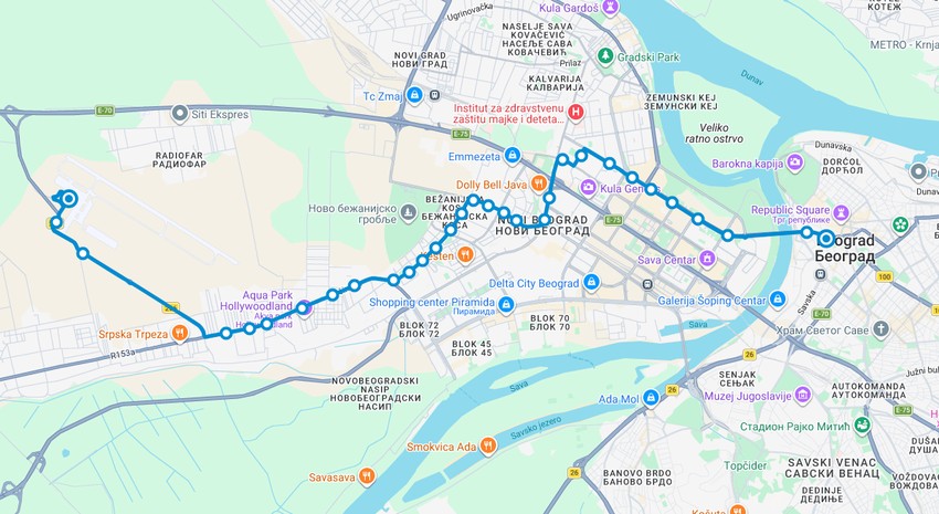 Trasa linije 72 u smeru od aerodroma Nikola Tesla