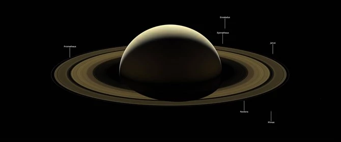 Saturn, jego pierścienie i 6 księżycy