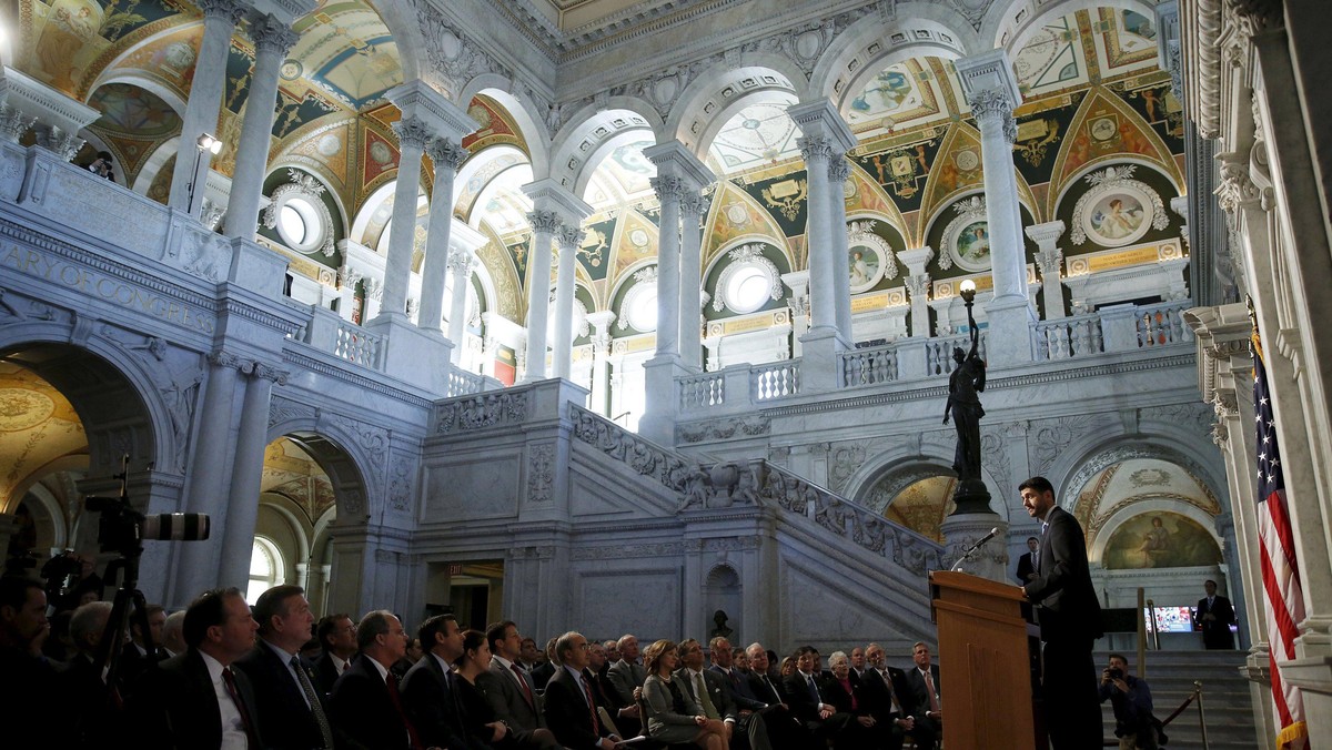 U.S. House Speaker Paul Ryan (R-WI) delivers a policy address from the Great Hall at the Library of 