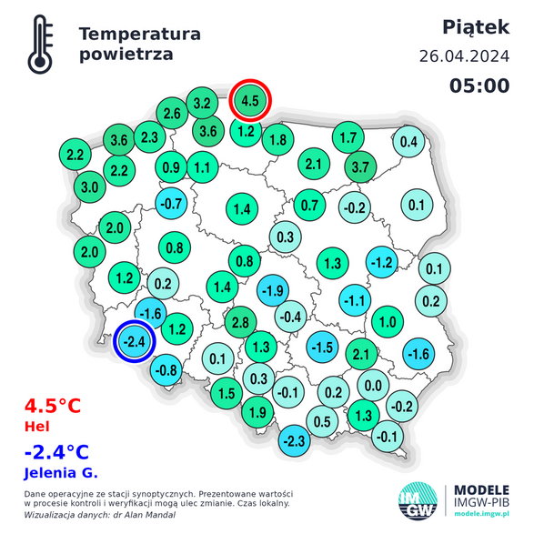 Temperatura powietrza w Polsce w piątek o godz. 5