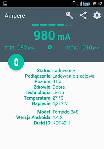 Okno aplikacji podczas ładowania telefonu przez fabryczną ładowarkę przeznaczoną do tego modelu