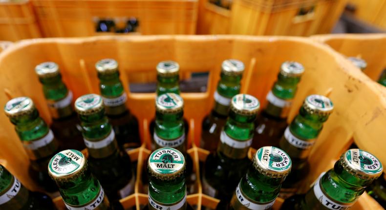 Bottles of Tusker Malt beer are seen inside a crate at the East African Breweries Limited factory in Ruaraka factory in Nairobi.