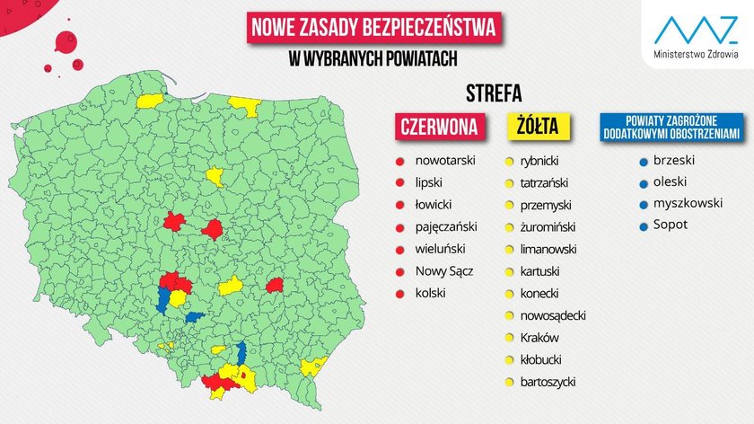 W strefach czerwonej i żółtej znalazło się 18 powiatów