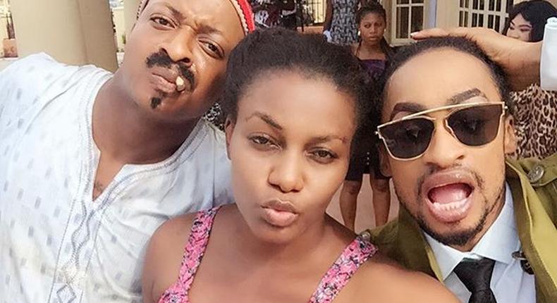 IK Ogbonna, Queen Nwokoye, Denrele Edun on set of Excess Luggage