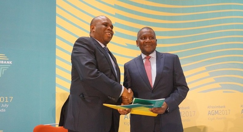 Dr Paul Oramah, the President of AFREXIM bank and Alhaji Aliko Dangote during the MOU signing ceremony in Kigali, Rwanda.