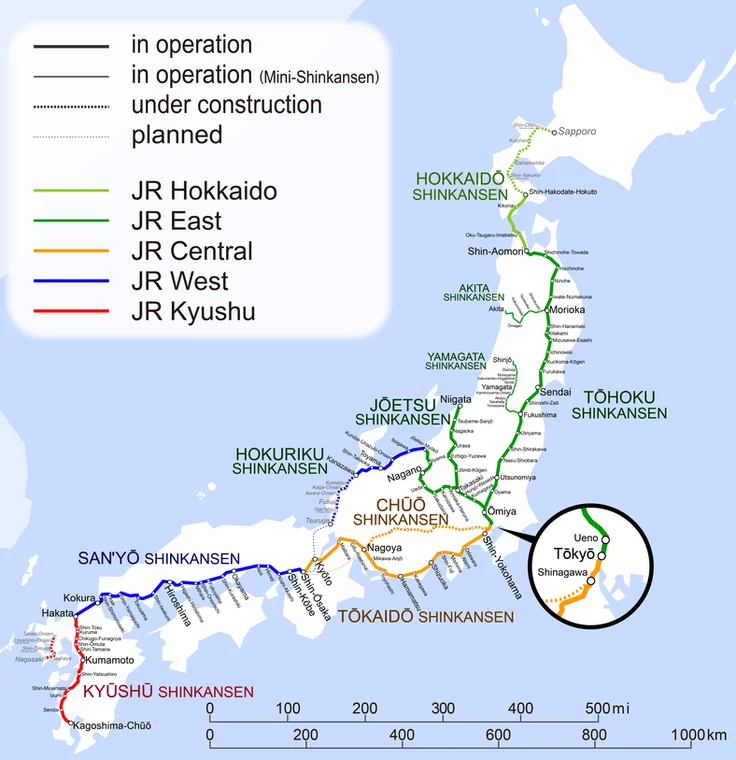 Mapa sieci kolejowej Shinkansen