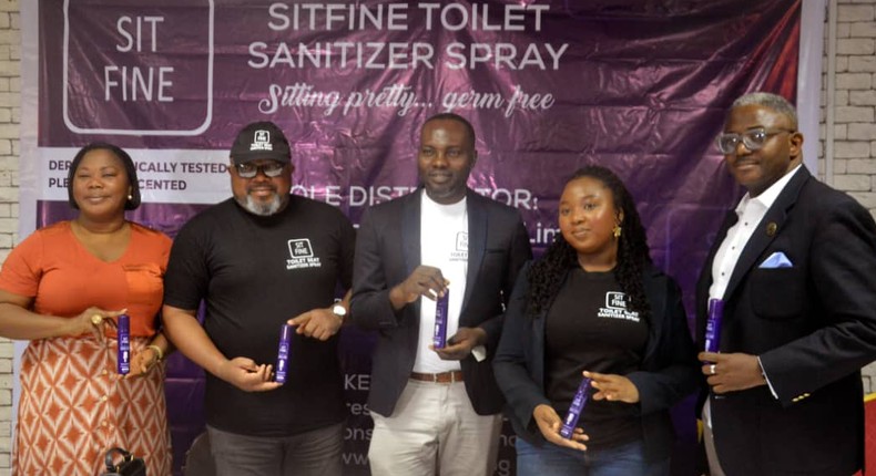 [L-R]: Mrs Abisola Azeez, Iyaloja, Computer Village, Ikeja, Lagos; Mr Seun Shosanya, Chairman, Shodan Phamaceuticals Ltd; Mr Daniel Okeoma, Vice President, Shodan Phamaceuticals Ltd; Miss Oshime Gbafe, Media Resources Lead and Mr Emmanuel Emeh, Director, AlphaCrest Consulting during the unveiling of SITFINE Toilet Sanitizer Spray in Lagos on Monday