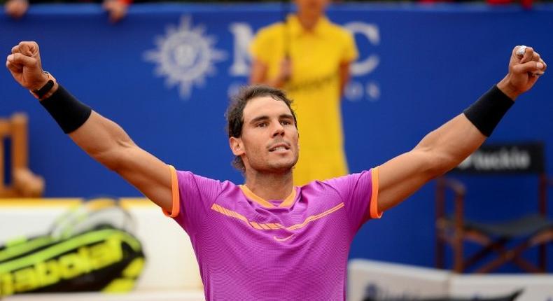 Spanish tennis player Rafael Nadal celebrates his 6-3, 6-4 victory over Argentinian tennis player Horacio Zeballos during the ATP Barcelona Open Conde de Godo tennis tournament in Barcelona on April 29, 2017