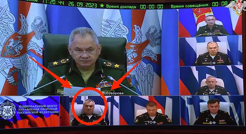 An annotated still from a meeting of the Board of the Russian Ministry of Defense on Tuesday September 26, 2023, appearing to feature the Russian admiral Viktor Sokolov (circled).Insider/Russian Ministry of Defense