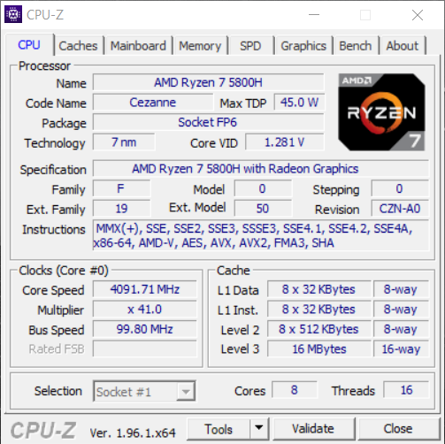 CPU-Z – specyfikacja AMD Ryzen 7 5800H