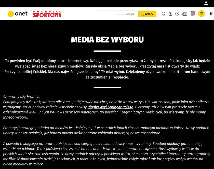 Nie działa Onet, Fakt i Przegląd Sportowy. Trwa protest "Media bez wyboru"