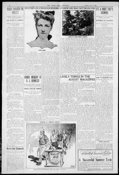 Strona z gazety &quot;The Butte Daily Post&quot; z 27 lipca 1908 r.  Na samej górze wzmianka na temat morderstwa Hazel Drew i wizerunek młodej kobiety