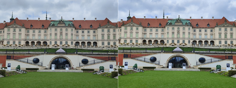 Standardowe zdjęcie z modułu tele 2x (po lewej) oraz ten sam kadr przechwycony w ustawieniu Ulepszanie sceny AI (po prawej). Kliknij, aby powiększyć 
