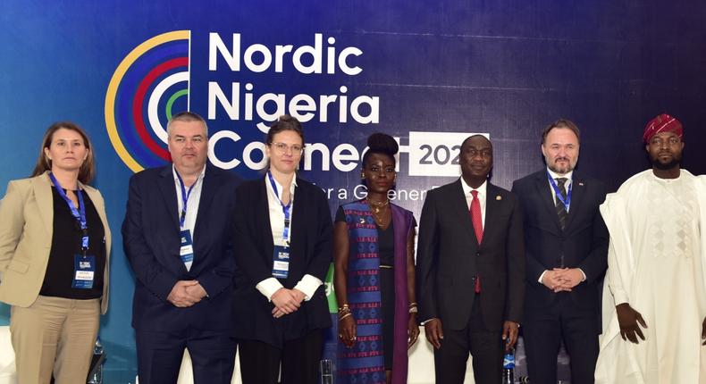 L-R: Vice President and Head of West Africa, Arla Foods, Anna Mansson; Managing Director, Mr. Peder Pedersen; Chief Executive Officer, Norwegian-African Business Association, Mrs. Mathilde Emilie Thue; Regional Director, West Africa & Transport Industry Lead-Africa Business Sweden, Ms. Anthonia Adenaya-Huard; Deputy Governor, Lagos State, Dr. Obafemi Hamzat;  Minister for Development Cooperation and Global Climate Policy, Denmark, Mr. Dan Jargensen and Minister of Communication, Innovation and Digital Economy, Dr. Bosun Tijani