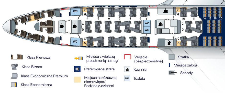 Boeing 747-8I. Układ miejsc w klasie pierwszej, biznes i ekonomicznej premium na dolnym pokładzie