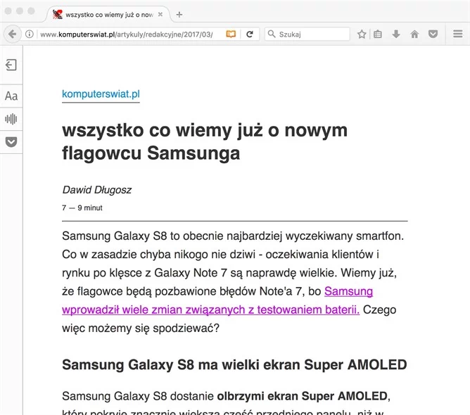 Firefox 53.0 beta w trybie czytania informuje o szacowanym czasie czytania