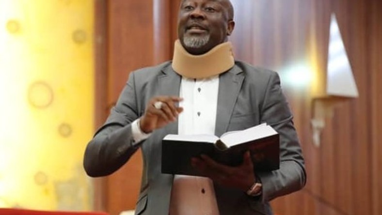 Senator Dino Melaye returned to plenary in neck brace after police trouble in April 2018