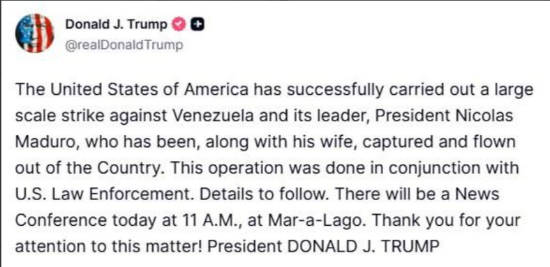 Trump informuje o porwaniu Maduro