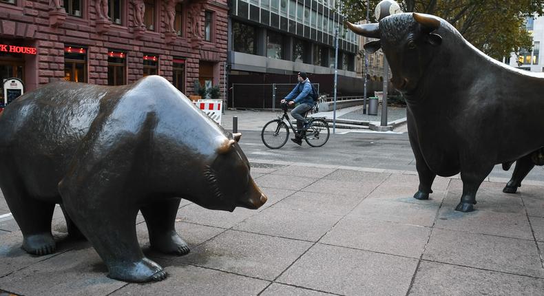 Bull and Bear sculptures outside the Frankfurt Stock Exchange in Frankfurt,
